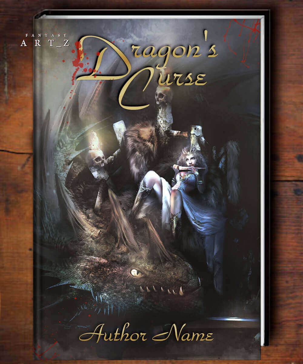 Dark fantasy book cover showing princess sitting on a throne and a dragon in gothic dungeon setting
