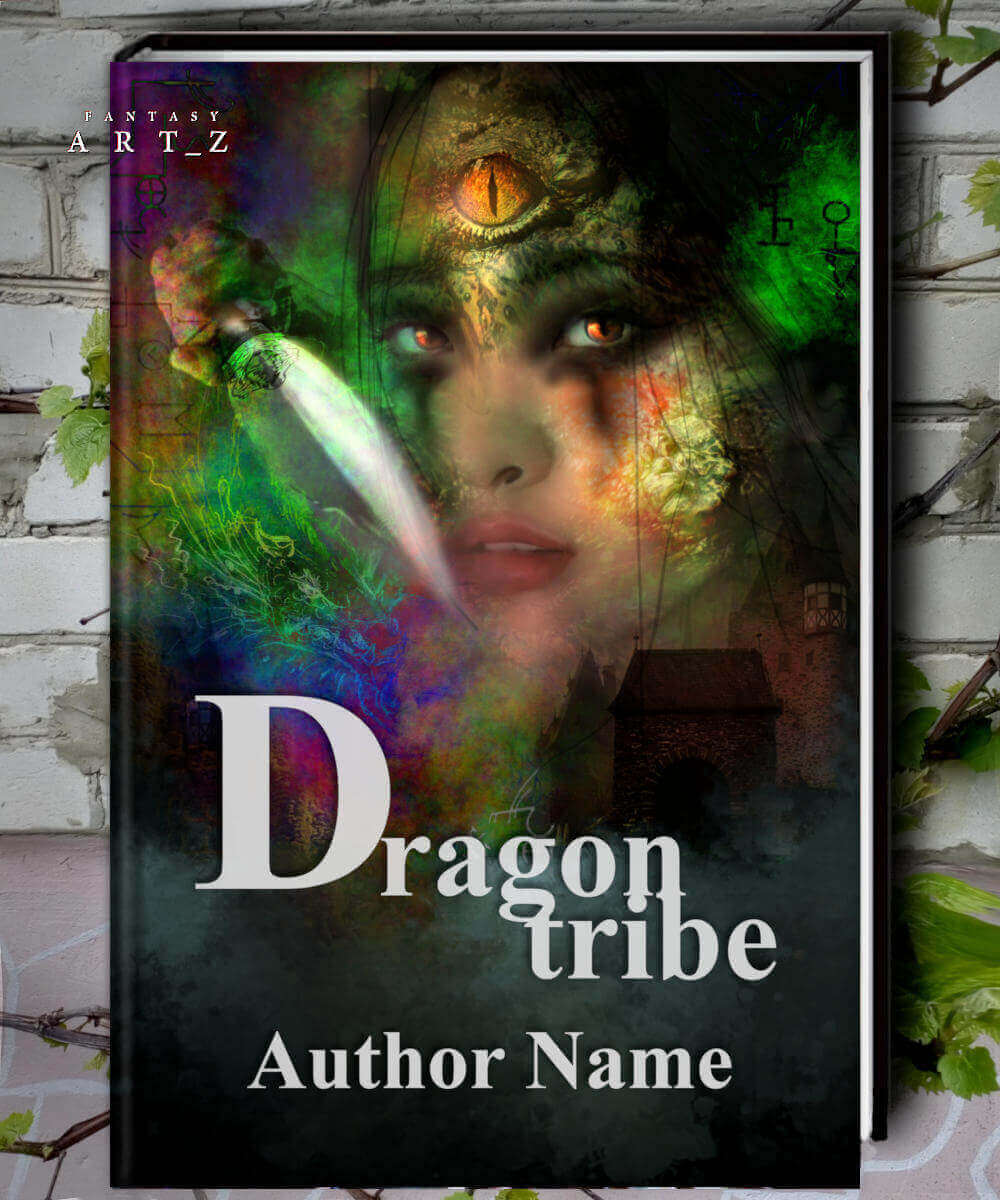 Fantasy book cover featuring woman's face with dragon eye on forehead holding glowing knife in mystical colorful overlay