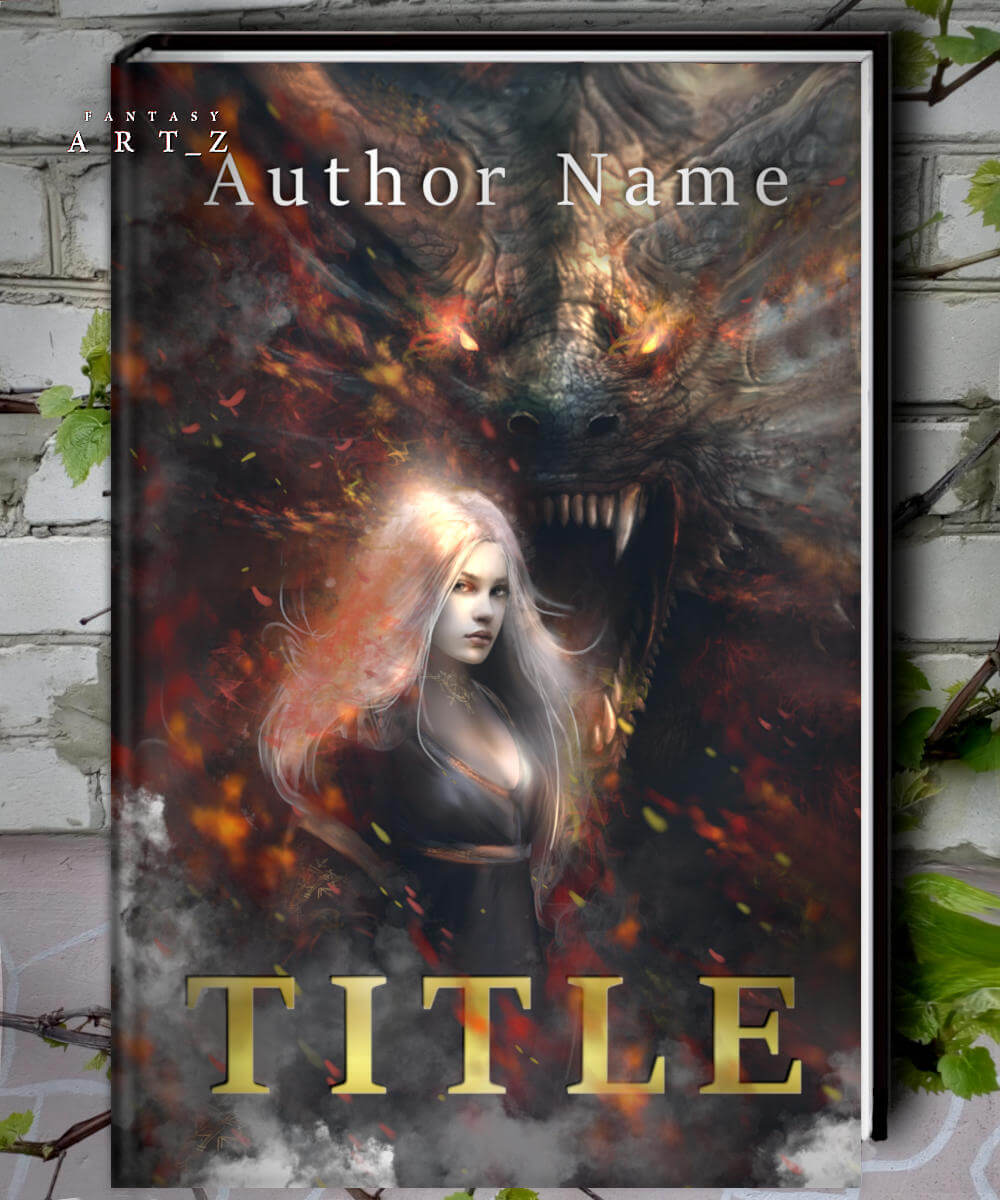 Epic fantasy book cover featuring white-haired woman with massive dragon looming behind her, fiery orange and red flames, dramatic lighting - premade cover design
