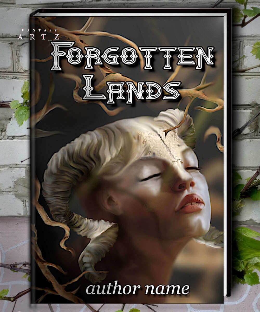 Fantasy premade book cover showing mythical woman with curved horns and golden branches