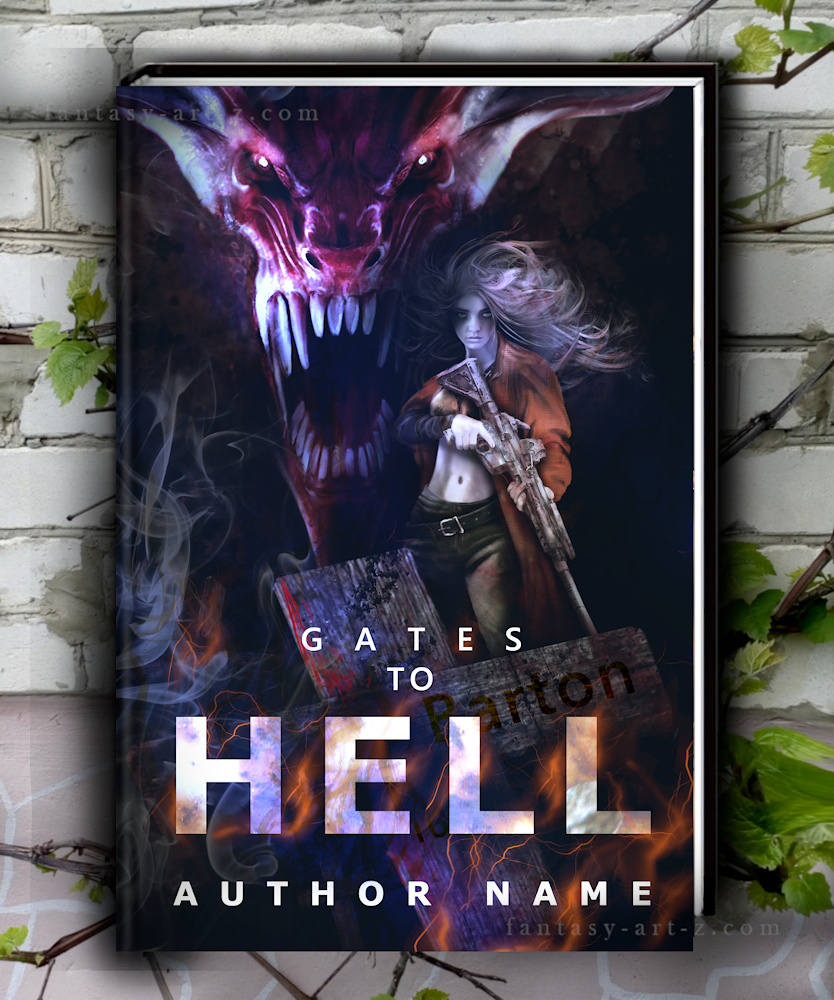 Premade book cover titled 'Gates to Hell' featuring a white-haired woman in a brown coat holding a rifle, standing before a monstrous demon with glowing eyes and sharp fangs emerging from flames