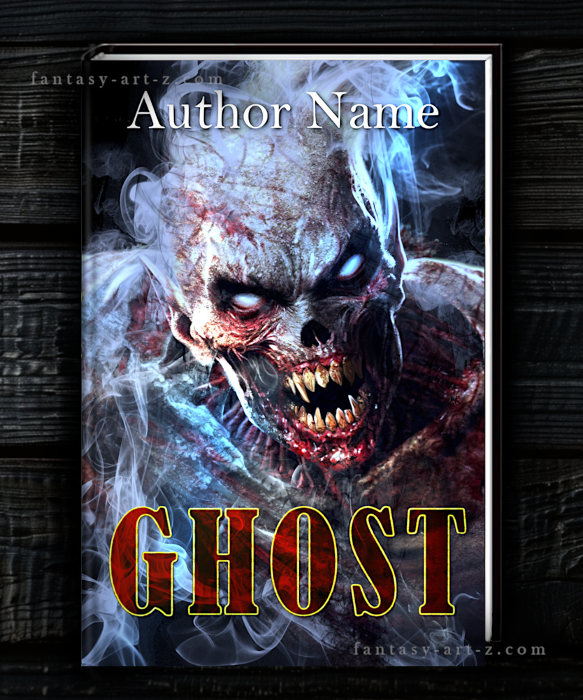 Close-up horror book cover design featuring a decaying Ghost with glowing eyes, sharp teeth, and ethereal blue smoke swirling around its head.
