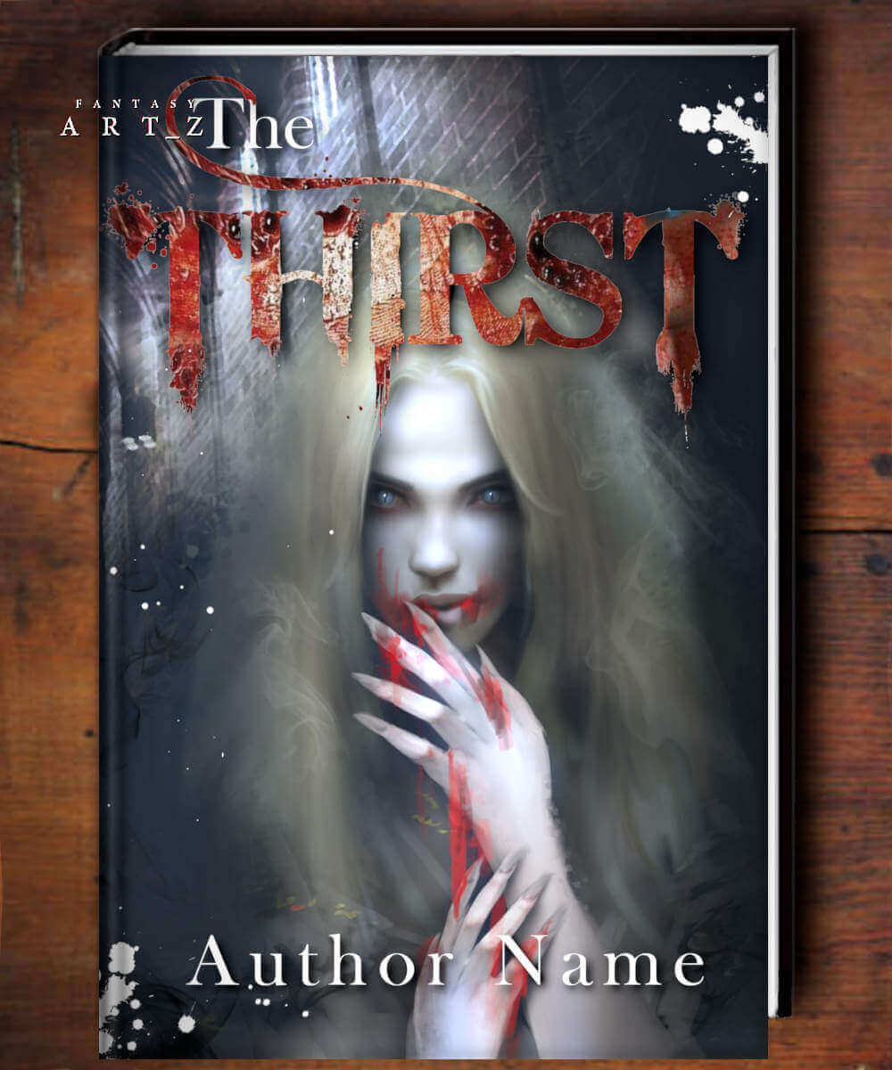 Dark horror thriller book cover featuring pale woman vampire with glowing eyes and bloody hands with long nails, atmospheric lighting and blood splatter effects - premade cover design