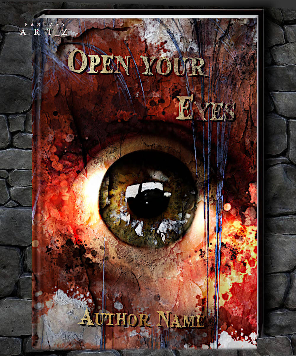 Open Your Eyes horror book cover featuring realistic human eye with blood splatter and dark grunge texture background