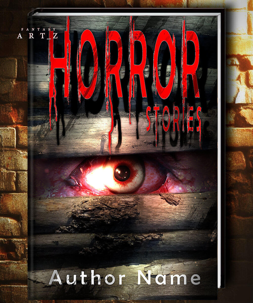 Horror book cover featuring bloody red dripping text and glowing eye peering through wooden boards