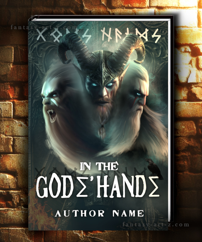Dark fantasy premade book cover featuring three pagan gods with glowing blue eyes and horns