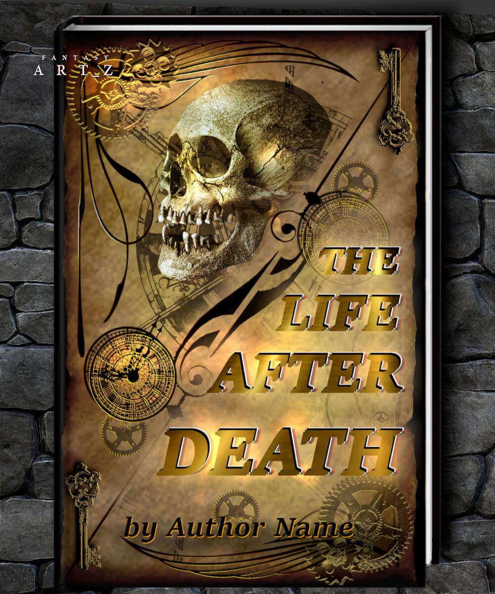 Fantasy book cover featuring skull with clockwork gears and steampunk elements for The Life After Death book