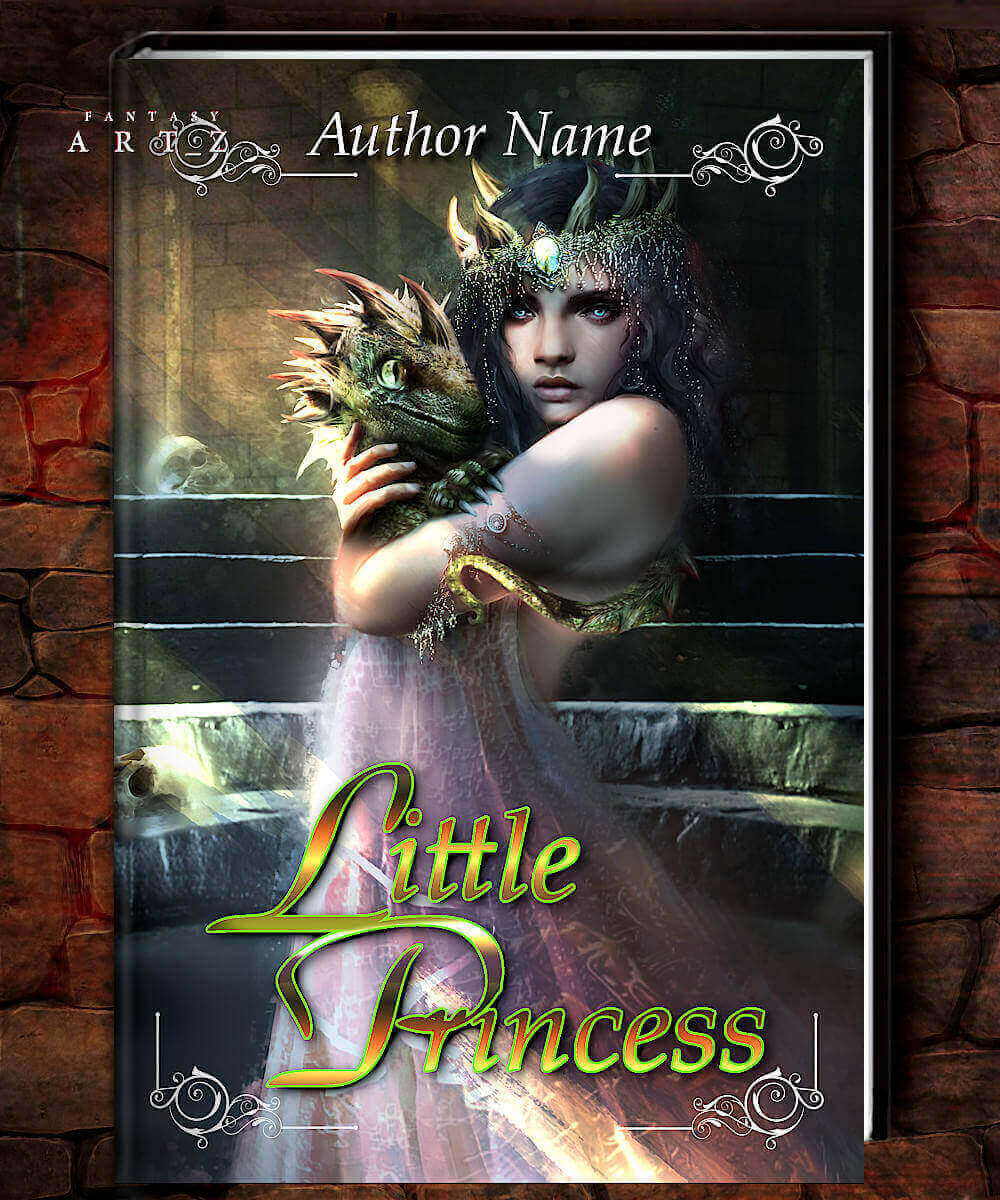 Fantasy book cover featuring crowned woman holding small green dragon in ethereal setting with ornate decorative borders