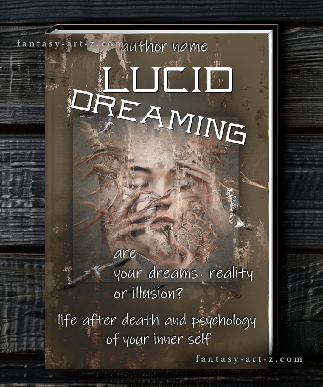 Premade book cover design 'Lucid Dreaming' featuring surreal portrait with thorny vines, distressed texture effects, and philosophical text about dreams and reality