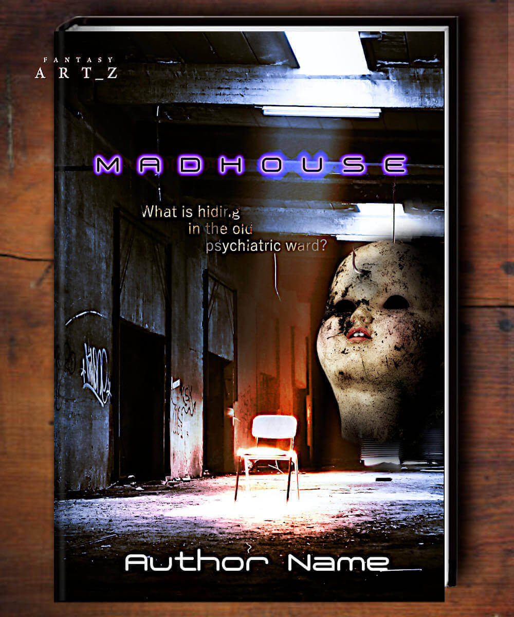 Madhouse thriller book cover featuring abandoned psychiatric ward with creepy doll face, single chair and purple neon title