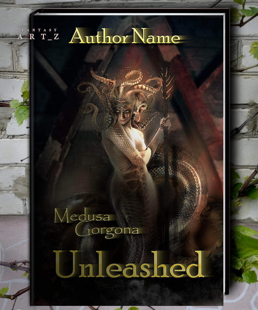 Fantasy book cover featuring Medusa Gorgona with serpentine hair and tentacles holding a sword in dark atmospheric setting