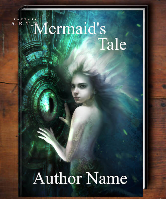 Fantasy book cover featuring mermaid with flowing hair touching ancient underwater ruins in blue-green ocean depths