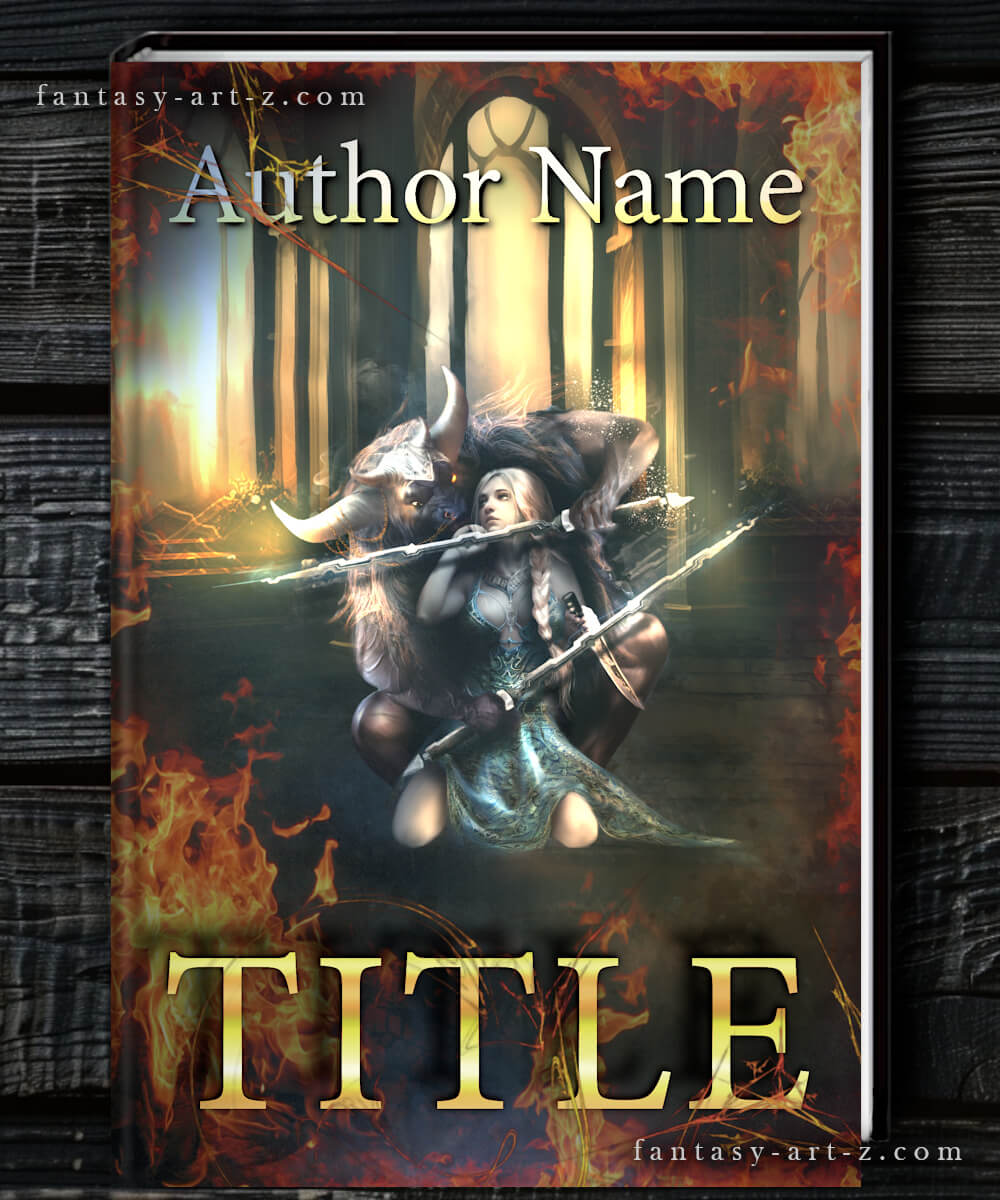 Epic fantasy book cover featuring female fighting with minotaur in dramatic fire lighting - premade cover design