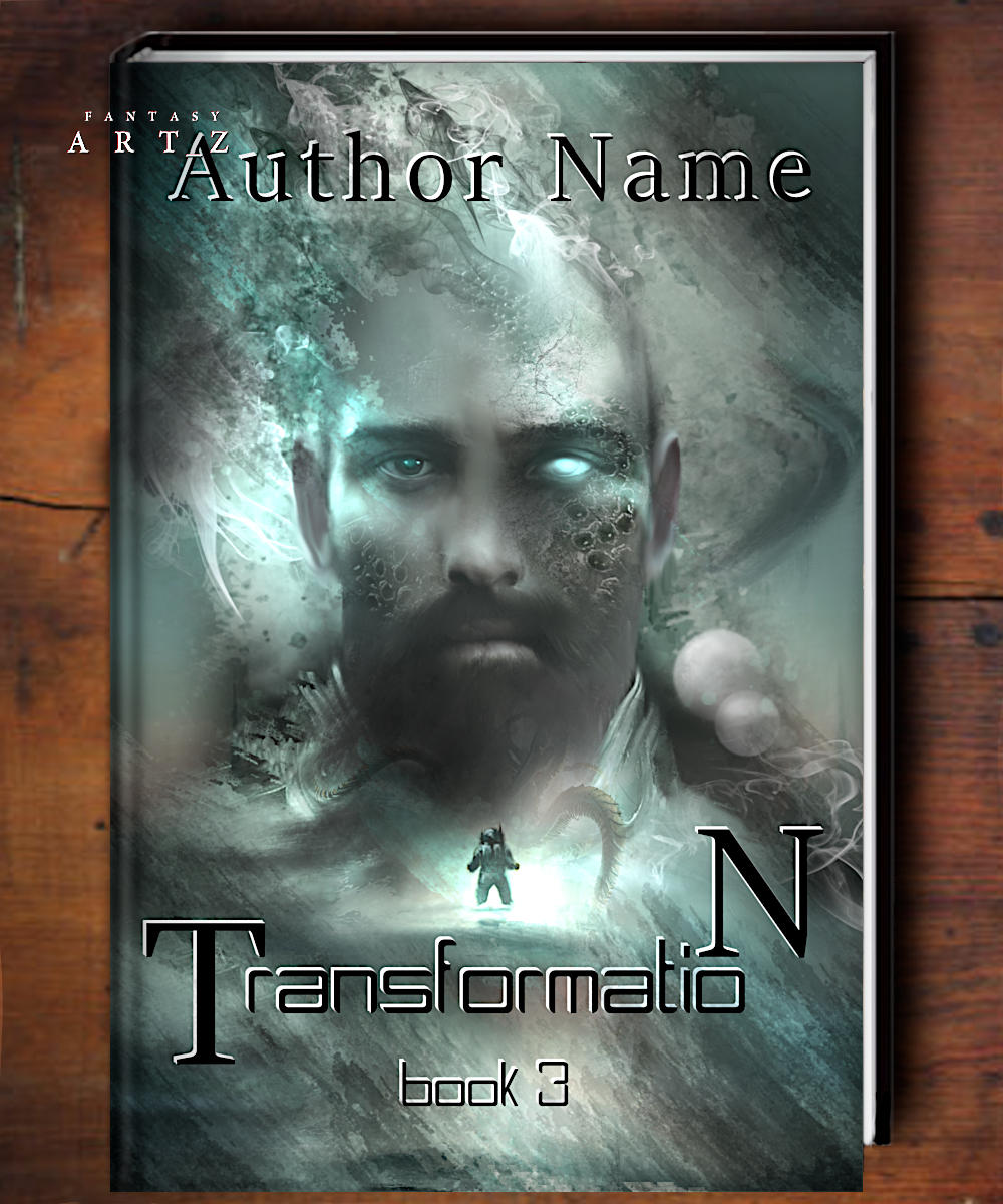 Fantasy premade book cover with male portrait, luminous blue-green eyes and ethereal atmosphere