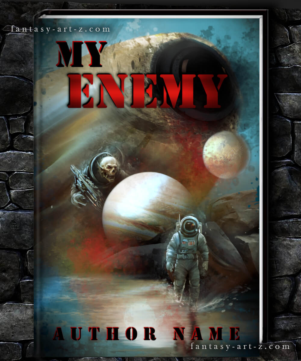 My Enemy premade book cover featuring an astronaut on an alien planet with a menacing hooded skull figure and multiple planets in the background