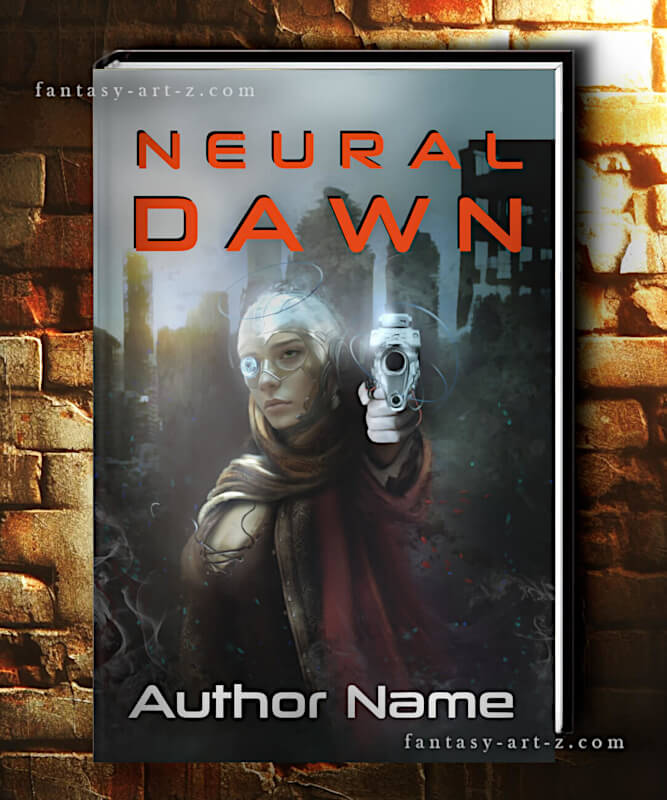 Neural Dawn premade book cover featuring a cyberpunk woman with technological eye enhancements pointing a futuristic gun