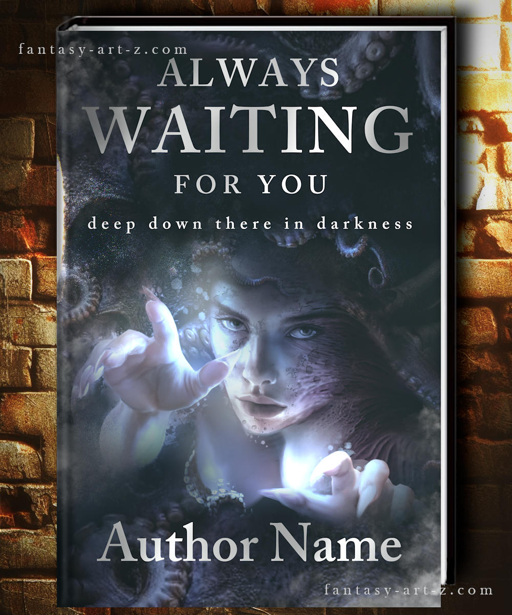 Dark fantasy book cover featuring mysterious figure with glowing hands reaching out from underwater depths, blue and black tones - premade cover design