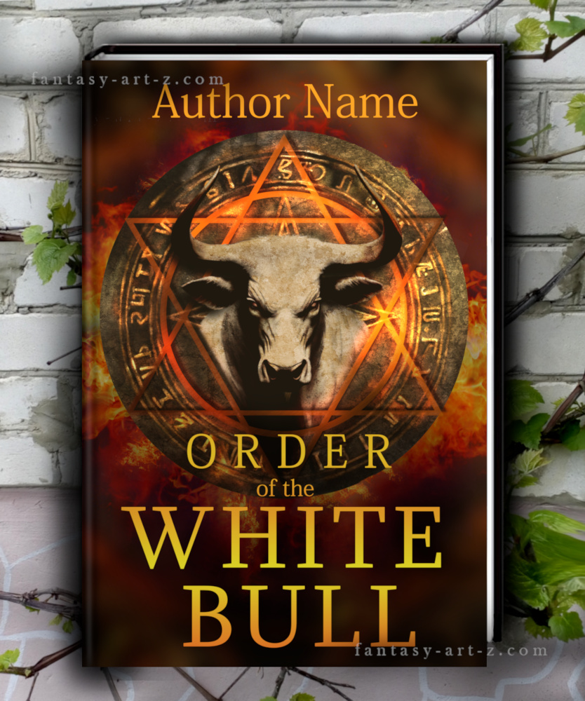 Premade fantasy book cover featuring a white bull head inside a glowing occult symbol surrounded by fire and ancient runes on a dark background