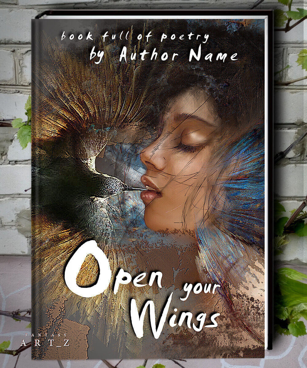 Poetry premade book cover design featuring woman's face with colorful bird and abstract textures, titled Open Your Wings