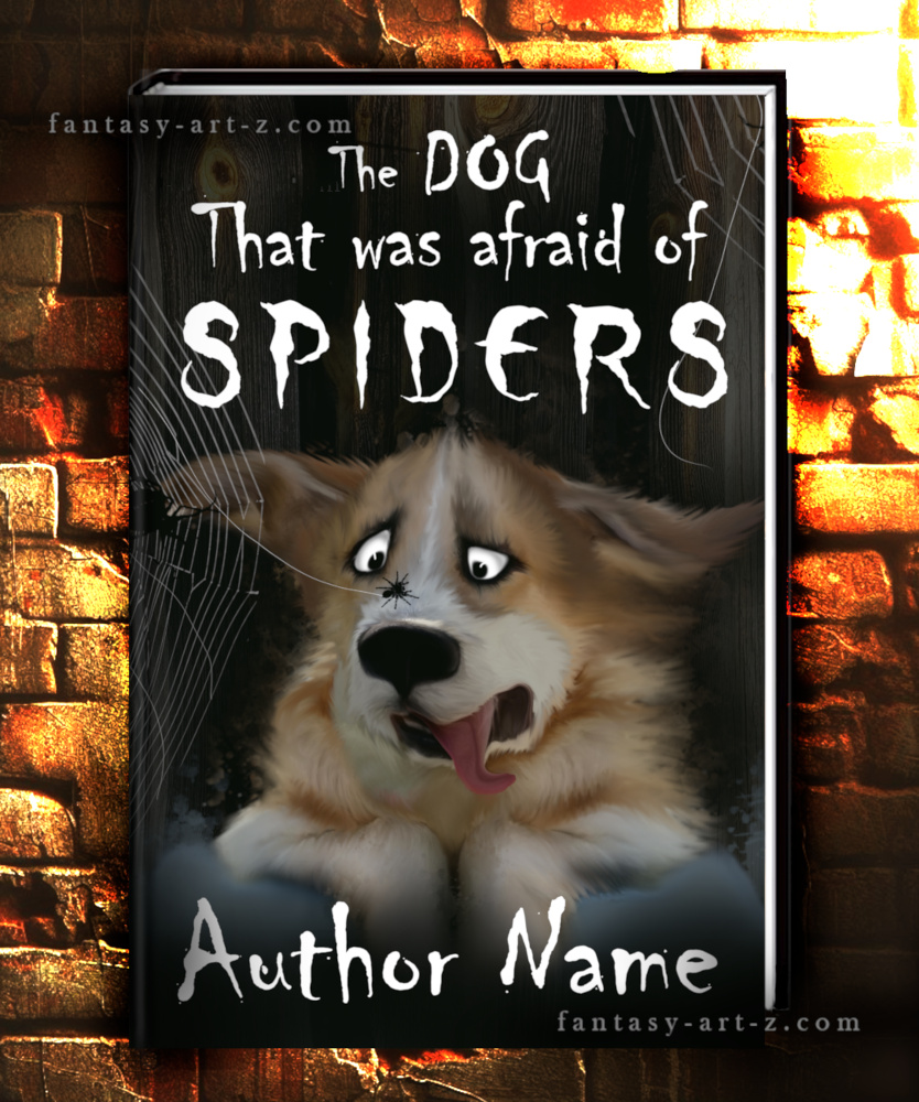 Premade childrens book cover featuring a cute, frightened dog with its tongue out, looking up at a small spider on its nose.