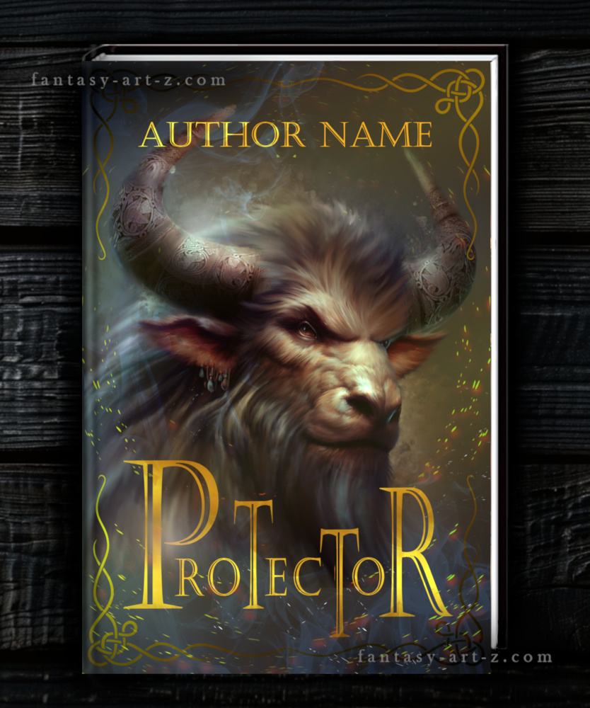 Protector: Premade fantasy book cover featuring a Minotaur warrior with golden horns