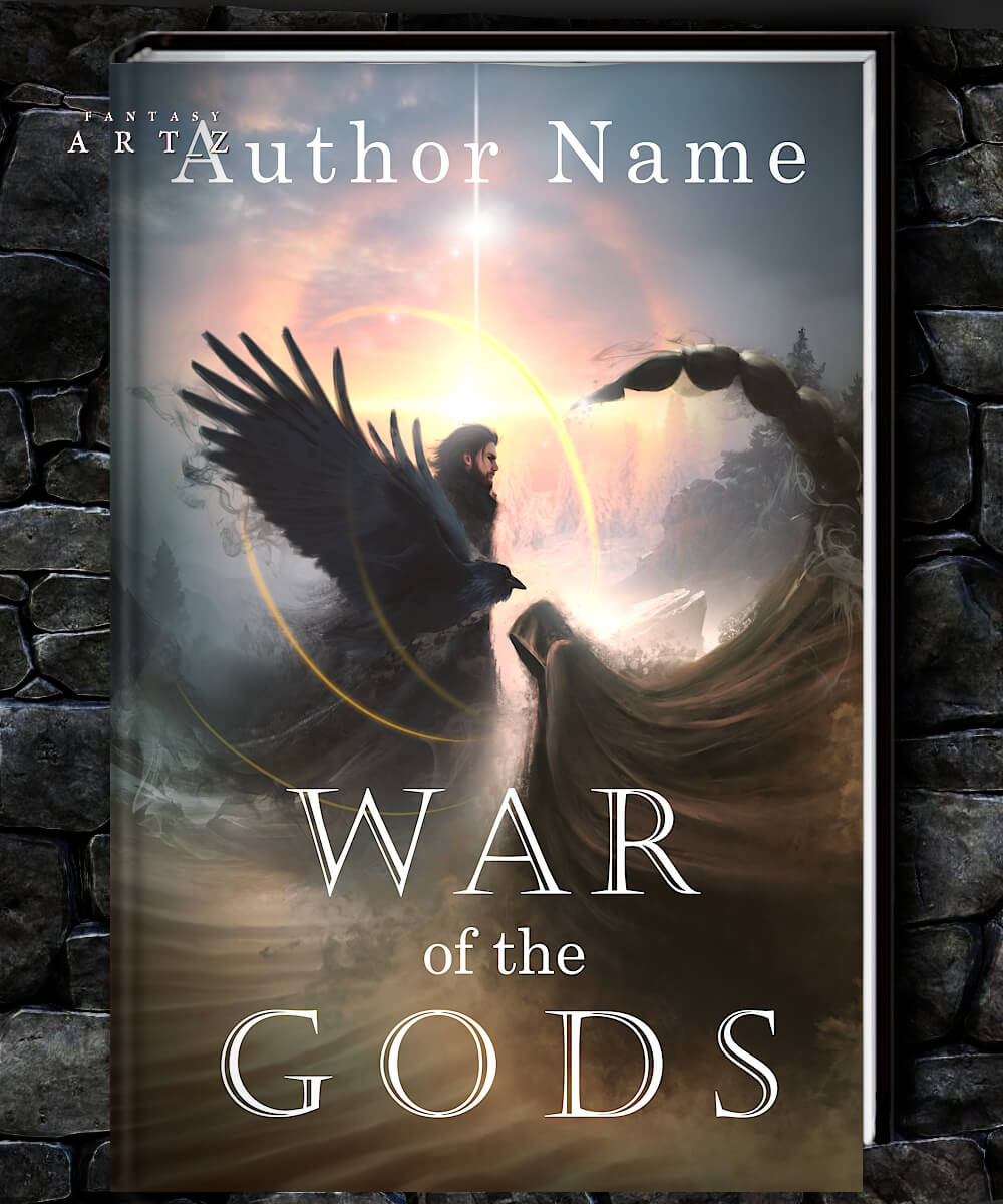 Epic fantasy book cover of two dark angels warriors in forms of raven and scorpion against dramatic cloudy sky and mountain landscape