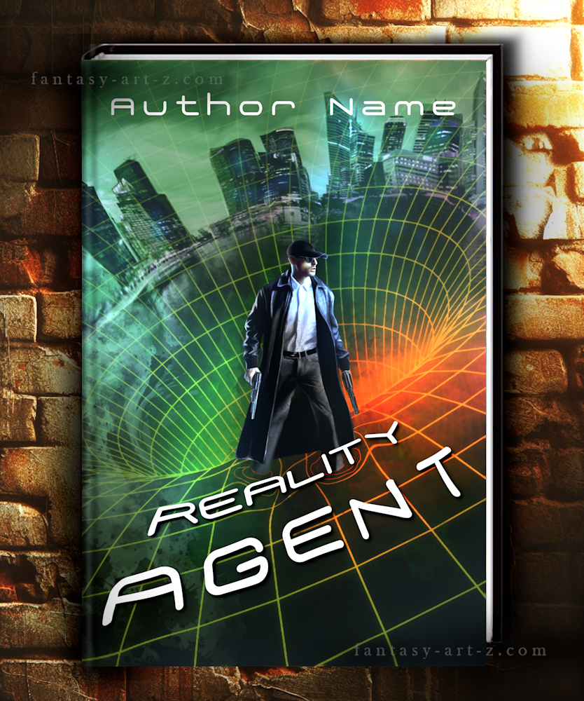 Sci-fi premade book cover showing a figure in a long coat, holding guns against a digital cityscape with grid matrix lines