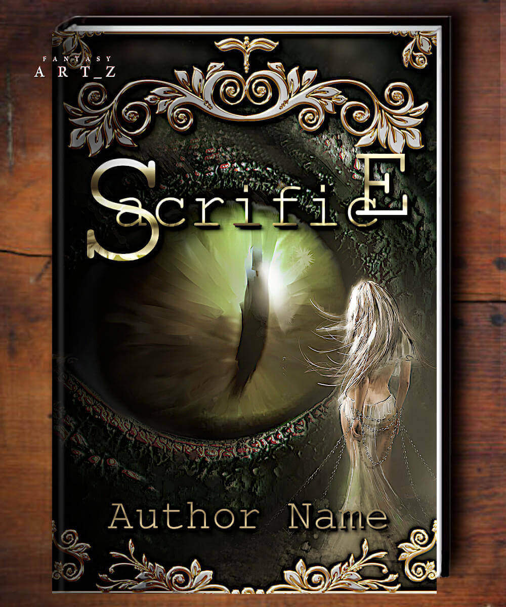 Fantasy book cover featuring blonde woman in flowing dress looking at magical mirror portal with ornate gold decorative border - premade design