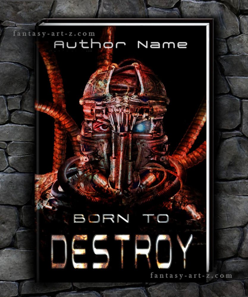 Premade horror sci-fi book cover featuring the detailed portrait of a rusted cyborg with a human eye and a glowing blue cybernetic eye.