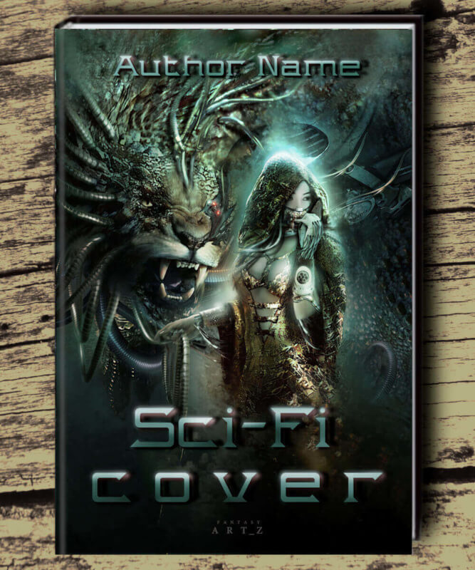 Sci-Fi Cover premade book cover featuring a hooded warrior woman with a fierce dragon in dark fantasy sci-fi setting