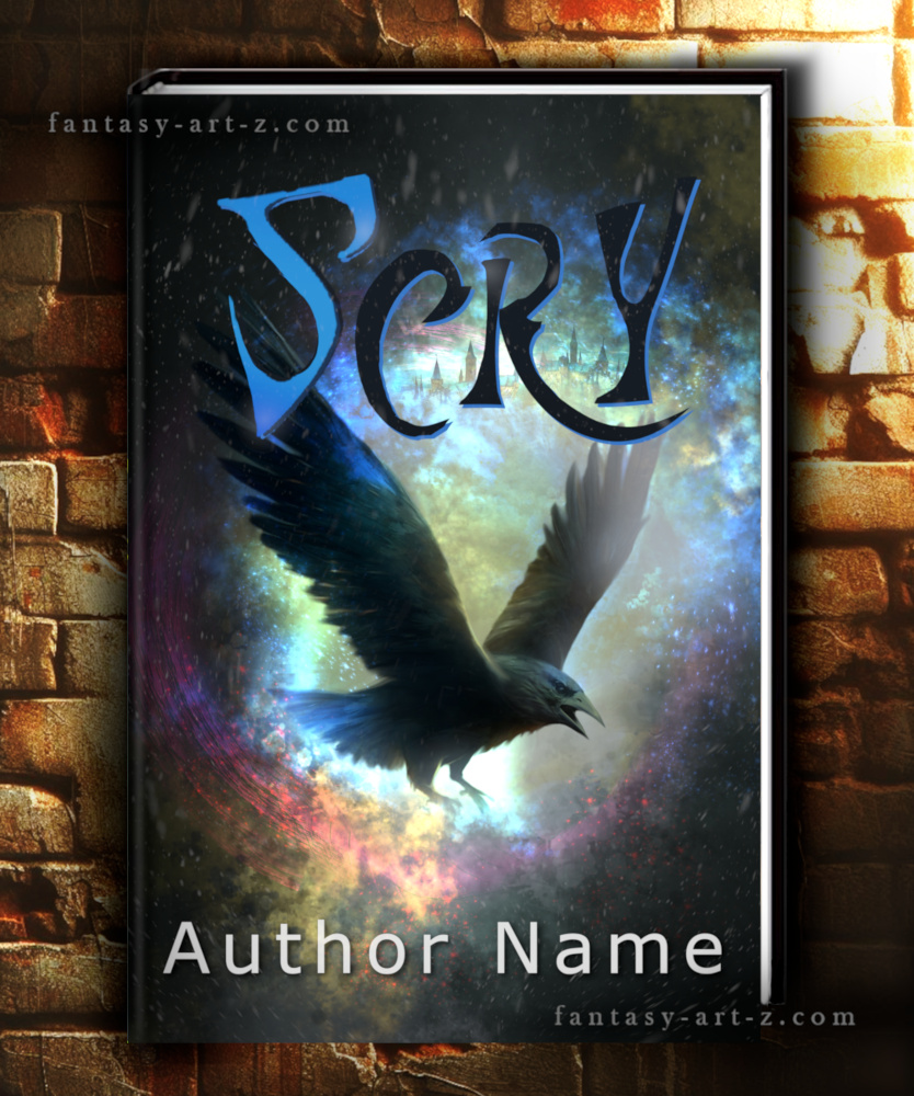 Fantasy book cover titled Scry featuring a black raven flying through a glowing nebula portal toward a castle silhouette