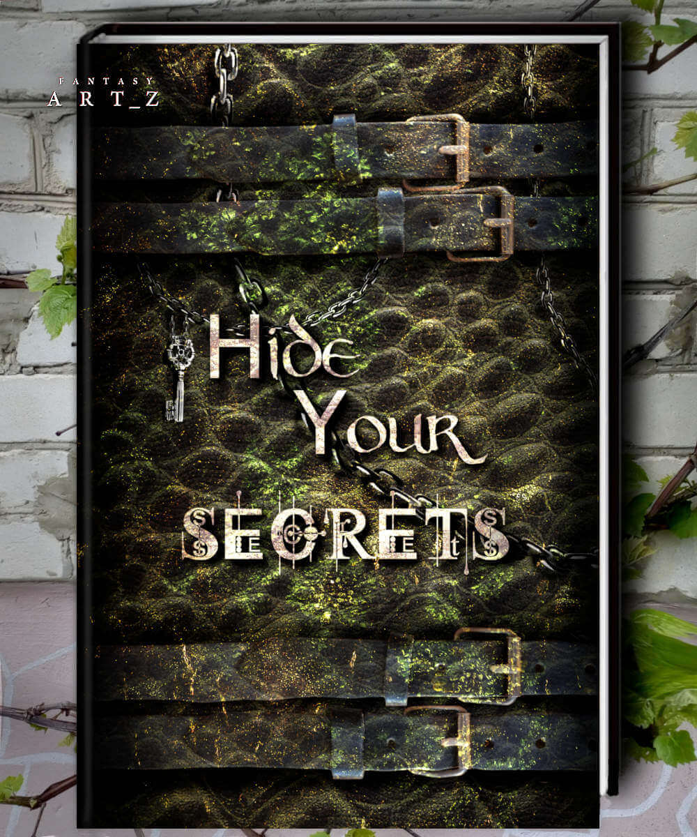 Dark mystery book cover made of weathered leather with metal buckles, chains, and vintage key on moss-covered surface