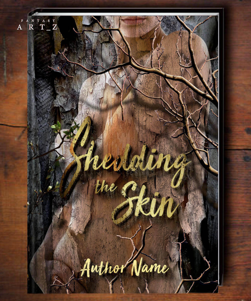 Shedding the Skin book cover featuring weathered bark texture with twisted branches and golden script typography