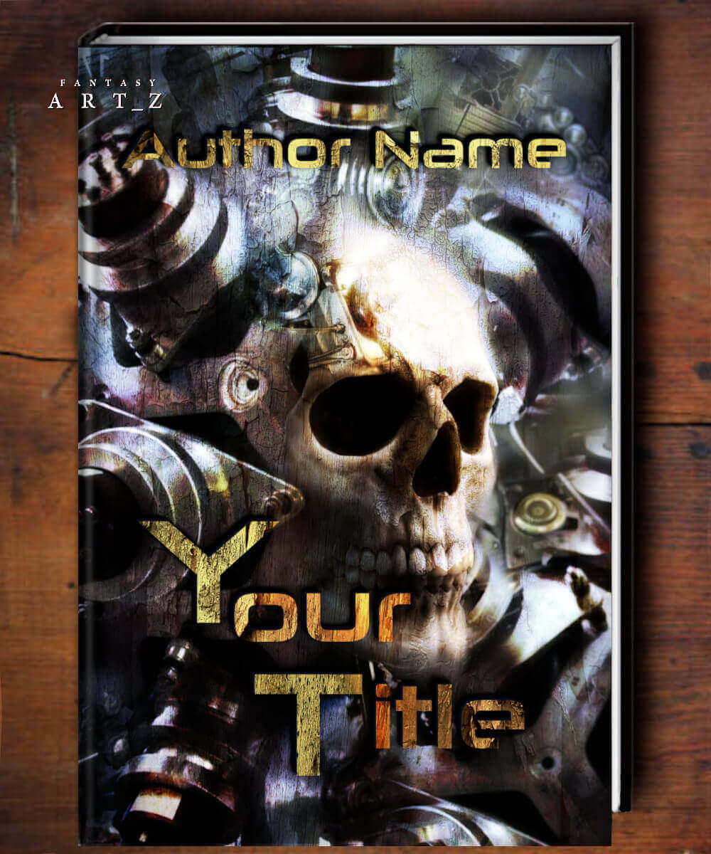 Book cover with a skull surrounded by dark twisted tubes and mechanical elements in a fantasy art style
