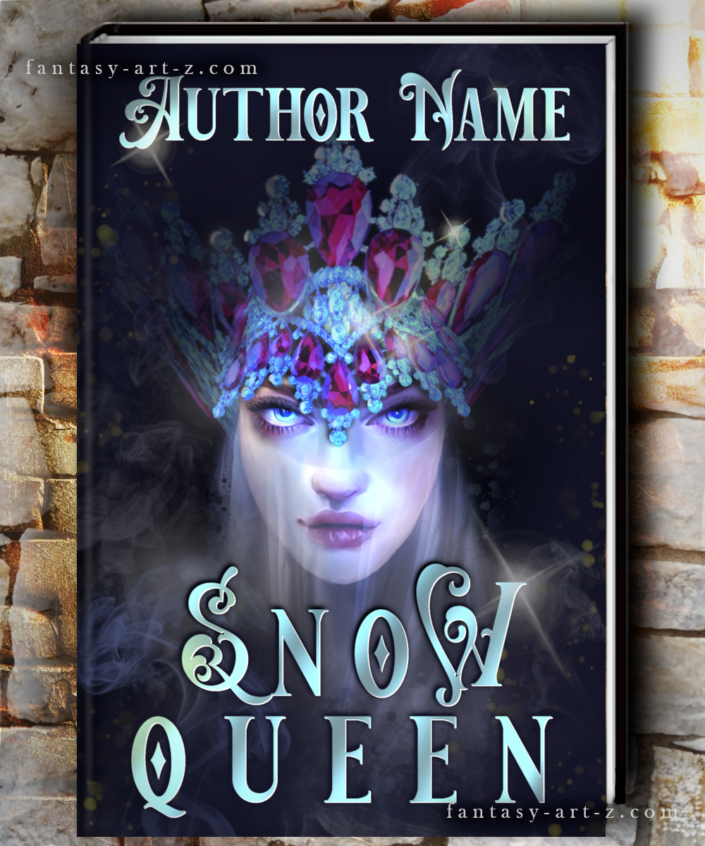 Fantasy book cover featuring Snow Queen with crystalline crown, bright blue eyes, and magical ice crystal headdress against dark starry background