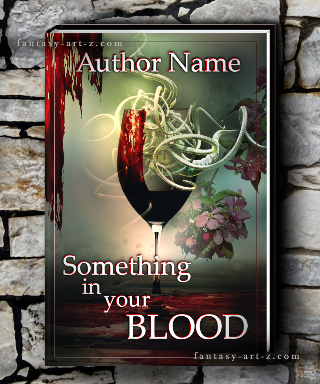 Dark fantasy book cover featuring wine glass filled with blood and tentacles, dripping red paint effects