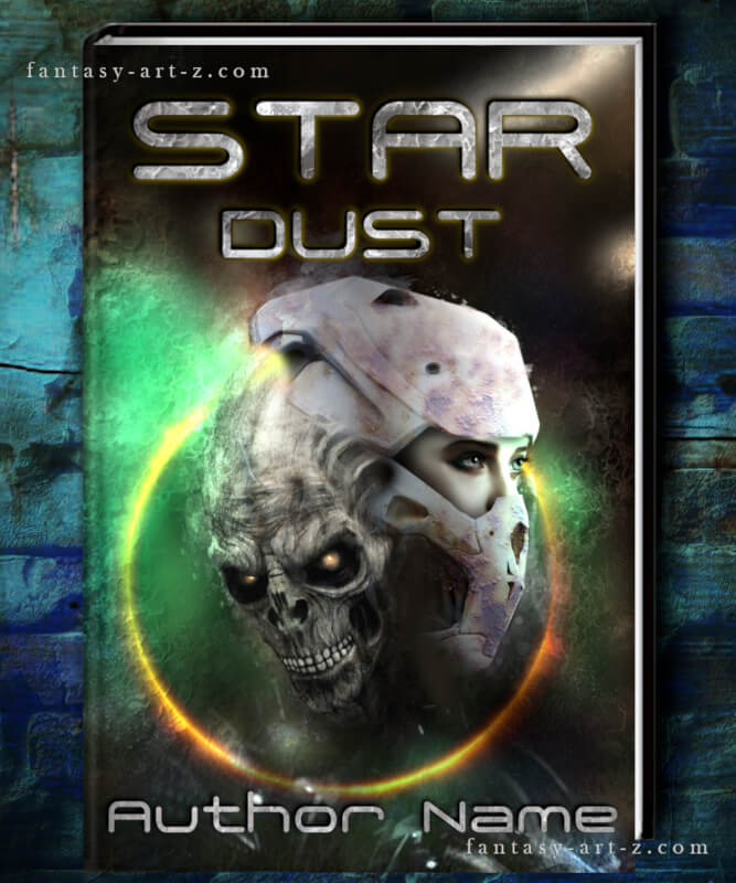 Star Dust premade book cover featuring a woman in futuristic helmet with skull imagery surrounded by glowing energy ring