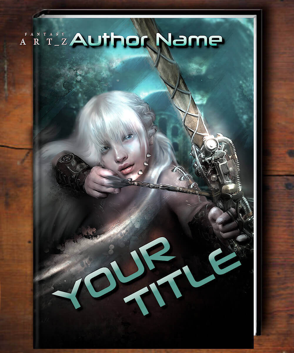 Premade science fiction book cover featuring white-haired woman with mechanical arm holding futuristic weapon