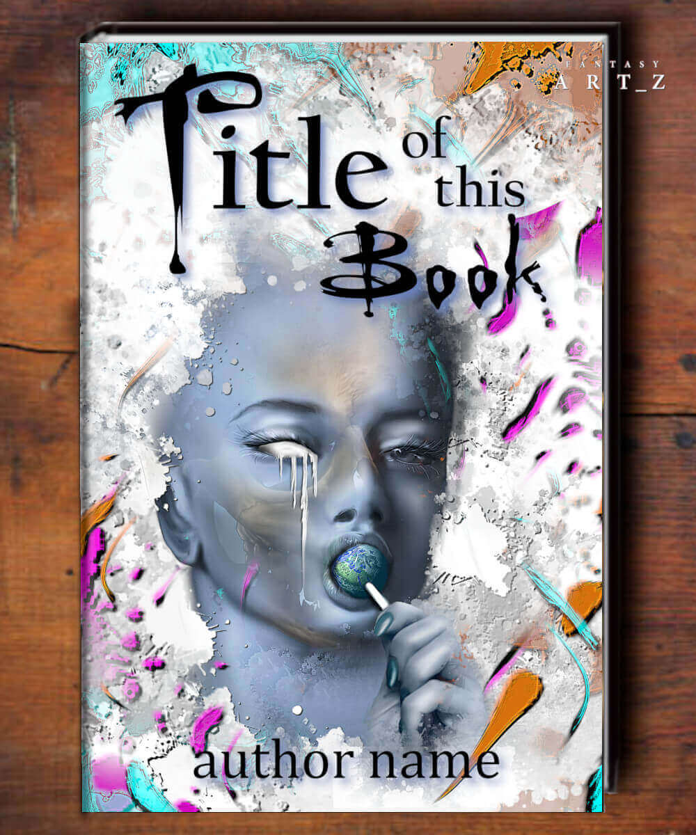 Abstract book cover design featuring surreal woman's face with earth lollipop and colorful paint splashes, titled Title of this Book