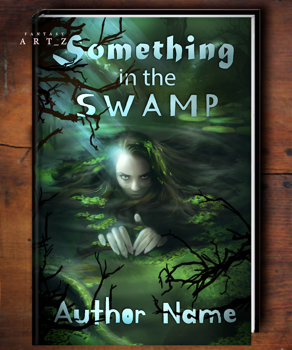 Fantasy horror book cover featuring mysterious woman emerging from dark swamp water with glowing eyes and moss-covered hands