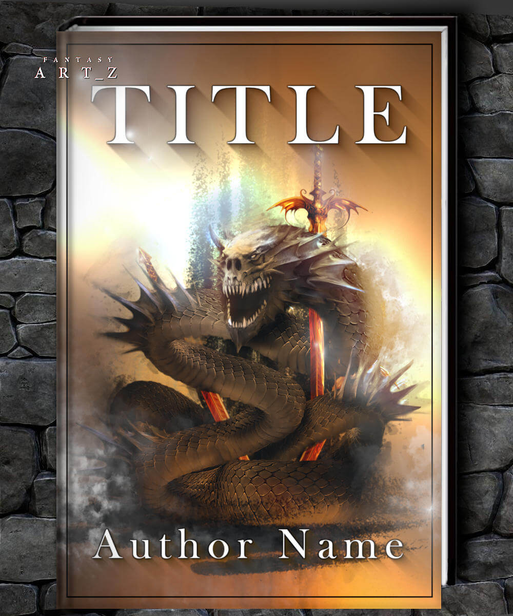 Epic fantasy book cover featuring fierce snake with bared fangs, glowing magical light, and ornate sword hilt in golden atmospheric setting - premade cover design