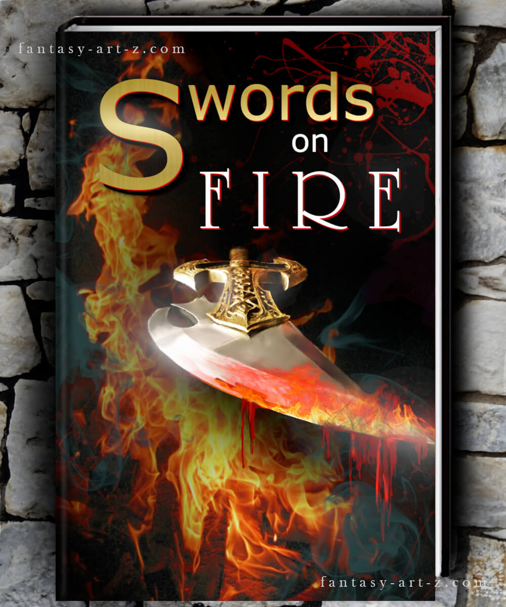 Fantasy book cover featuring ornate golden sword with decorative hilt surrounded by dramatic fire flames and red smoke effects