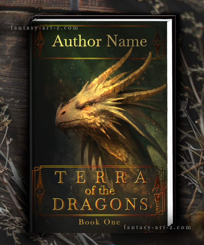 Premade epic fantasy book cover displaying a close-up portrait of a majestic golden-scaled dragon with crowned horns and piercing eyes.
