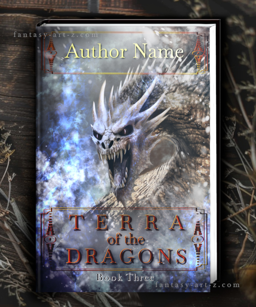 Premade dark fantasy book cover titled Terra of the Dragons featuring a menacing skeletal frost dragon surrounded by glowing blue energy and snow in a hand-drawn illustration style.