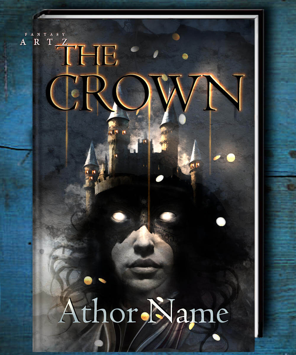 The Crown fantasy book cover featuring mysterious woman with glowing eyes and medieval castle with towers emerging from her silhouette in dark atmospheric design