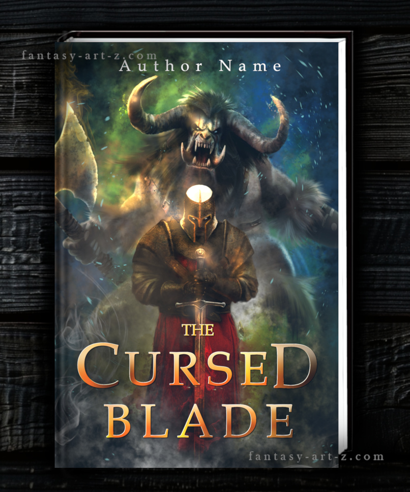 Premade dark fantasy book cover The Cursed Blade featuring an armored knight paladin holding a glowing sword with a massive horned minotaur monster looming behind him.