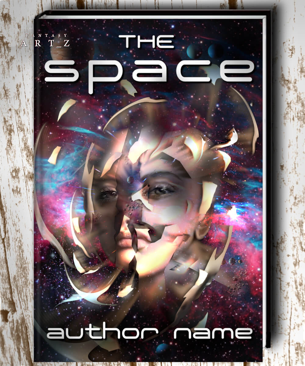 Science fiction premade book cover design featuring fragmented human face against cosmic nebula background with The Space title
