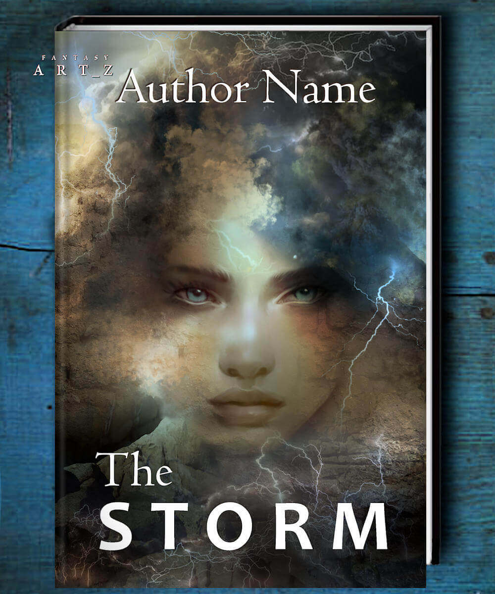 The Storm fantasy book cover featuring woman's face with piercing blue eyes emerging from dramatic storm clouds with lightning bolts