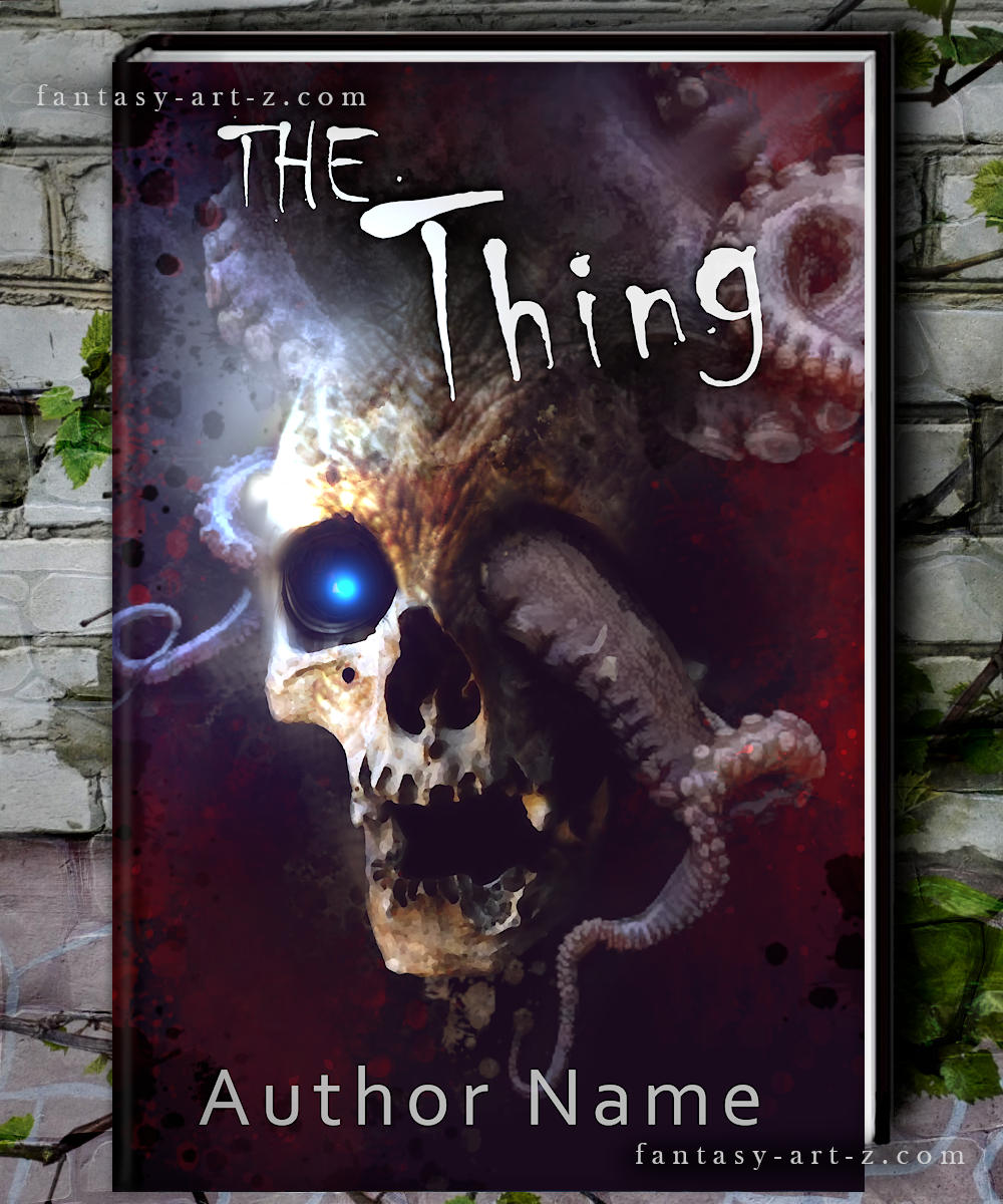 The Thing horror book cover featuring screaming skull with glowing blue eye and grotesque tentacles in dark cosmic horror design