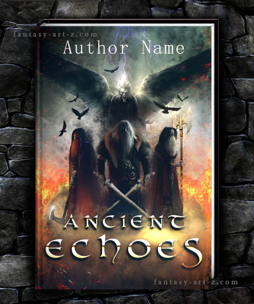 A premade book cover titled 'Ancient Echoes' featuring three bearded warriors with swords and axes standing amidst fire with a large winged demon behind them with glowing eyes against a dark sky filled with ravens and lightning.